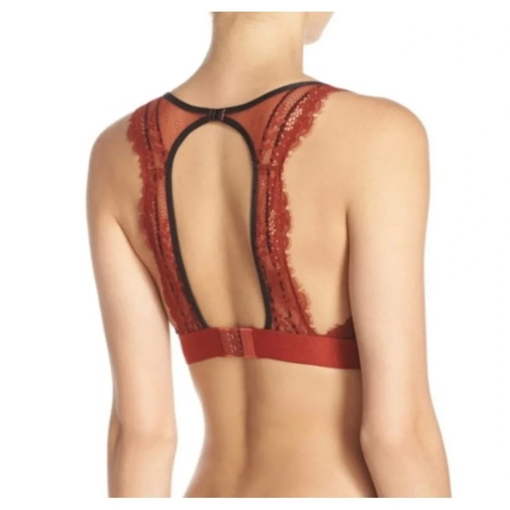 Free People Intimately Lace Balconette Underwire Bra Rust Red Black 32D